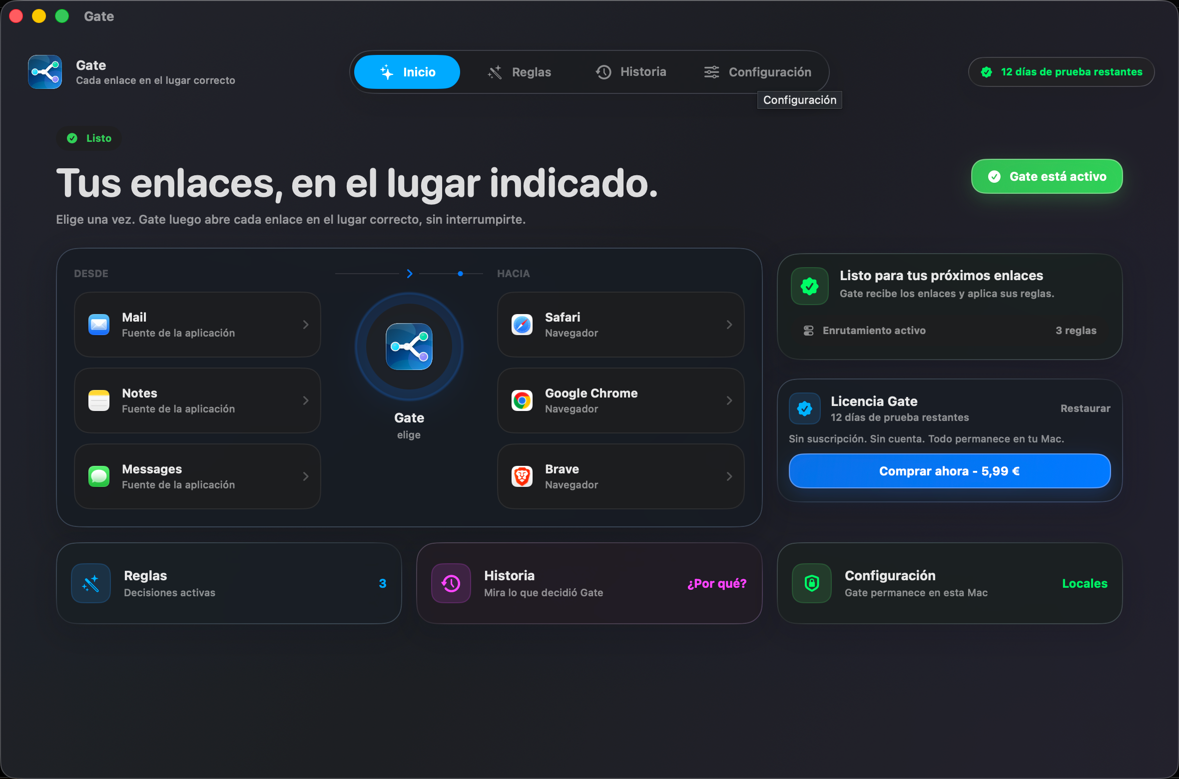 Gate — Cada enlace se abre donde corresponde. Elige tus navegadores una vez. Gate hace el resto.