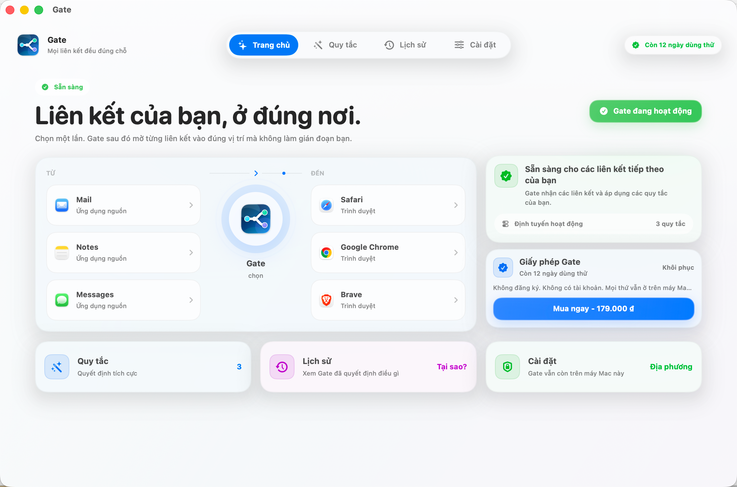 Gate — Mọi liên kết mở đúng nơi cần đến. Chọn trình duyệt một lần. Gate lo phần còn lại.