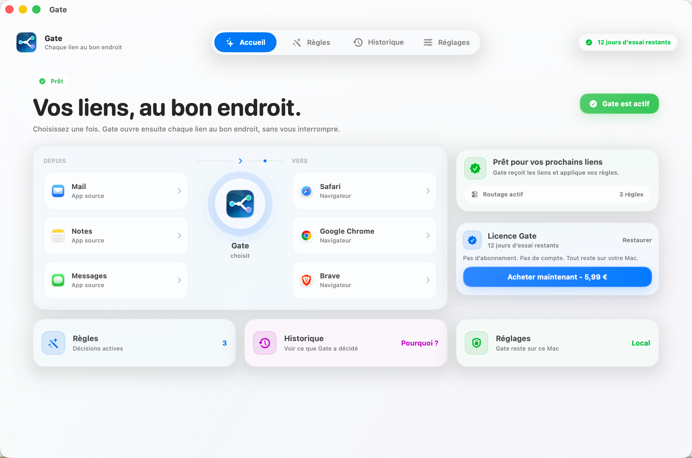 Gate — Chaque lien s'ouvre au bon endroit. Choisissez vos navigateurs une fois. Gate gère le reste.