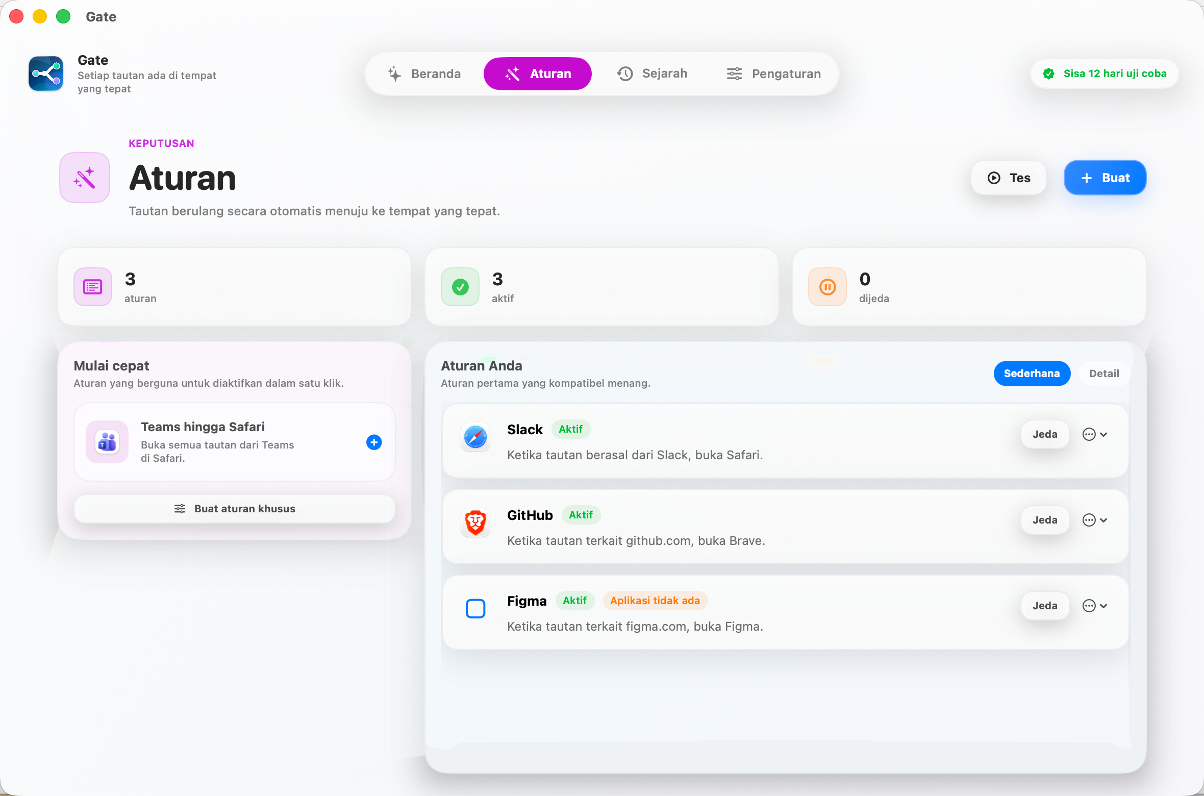 Gate — Atur aturan sekali, lalu lupakan. Tautan berulang selalu terbuka di browser yang tepat.