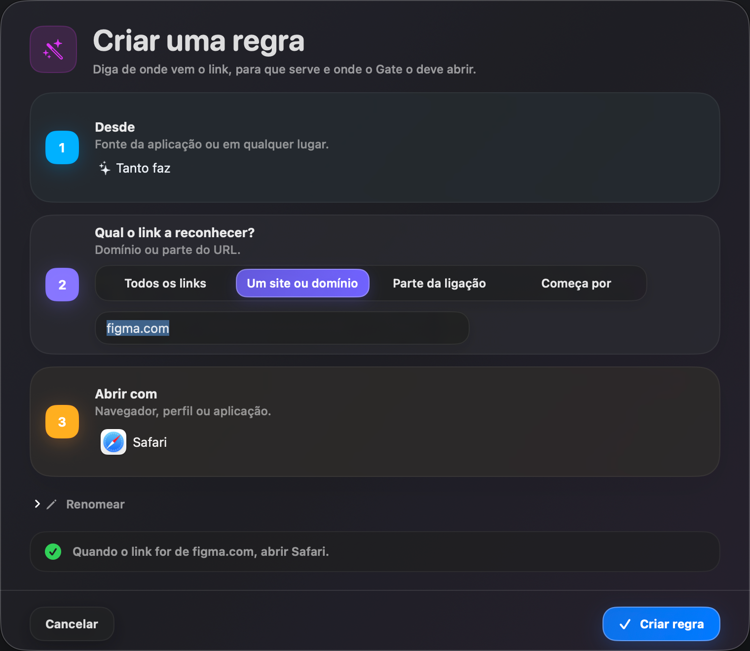 Gate — Crie uma regra em segundos. Origem, critério, abertura — explicado em linguagem clara.