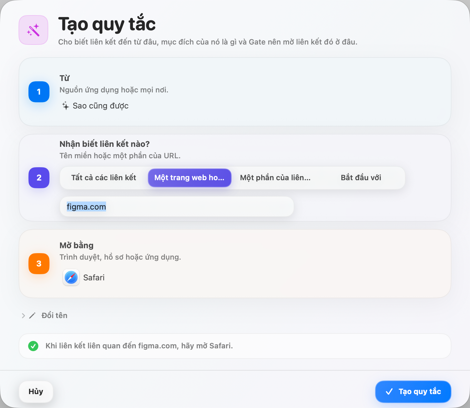 Gate — Tạo một quy tắc trong vài giây. Nguồn, điều kiện, mở — diễn đạt lại bằng lời rõ ràng.
